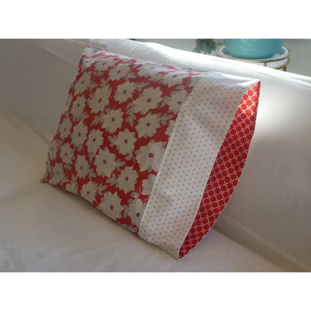 Handmade Floral Pillowcases, Red, Gray, and Ivory Winter Flowers, Standard Size